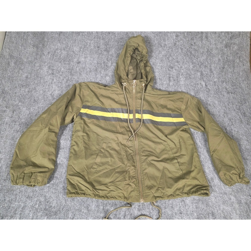 New Look Windbreaker Jacket Mens Medium Olive Green Yellow Stripe Hooded Zip M